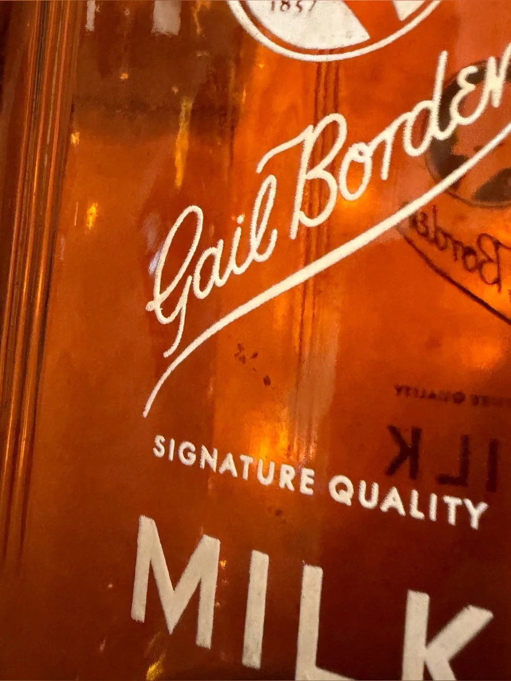 Vintage Gail Borden Amber Glass Half Gallon Milk Bottle 2 Quart 1950s Pyro Rare